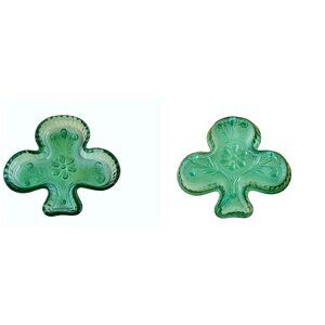 Set Of 2 Vintage Green Indiana Glass Clover Shaped Trinket Dishes With Floral De